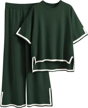 Tanming Sweater Sets Women 2 Piece Lounge Sets Short Sleeve Knit Pullover Tops Wide Leg Pants