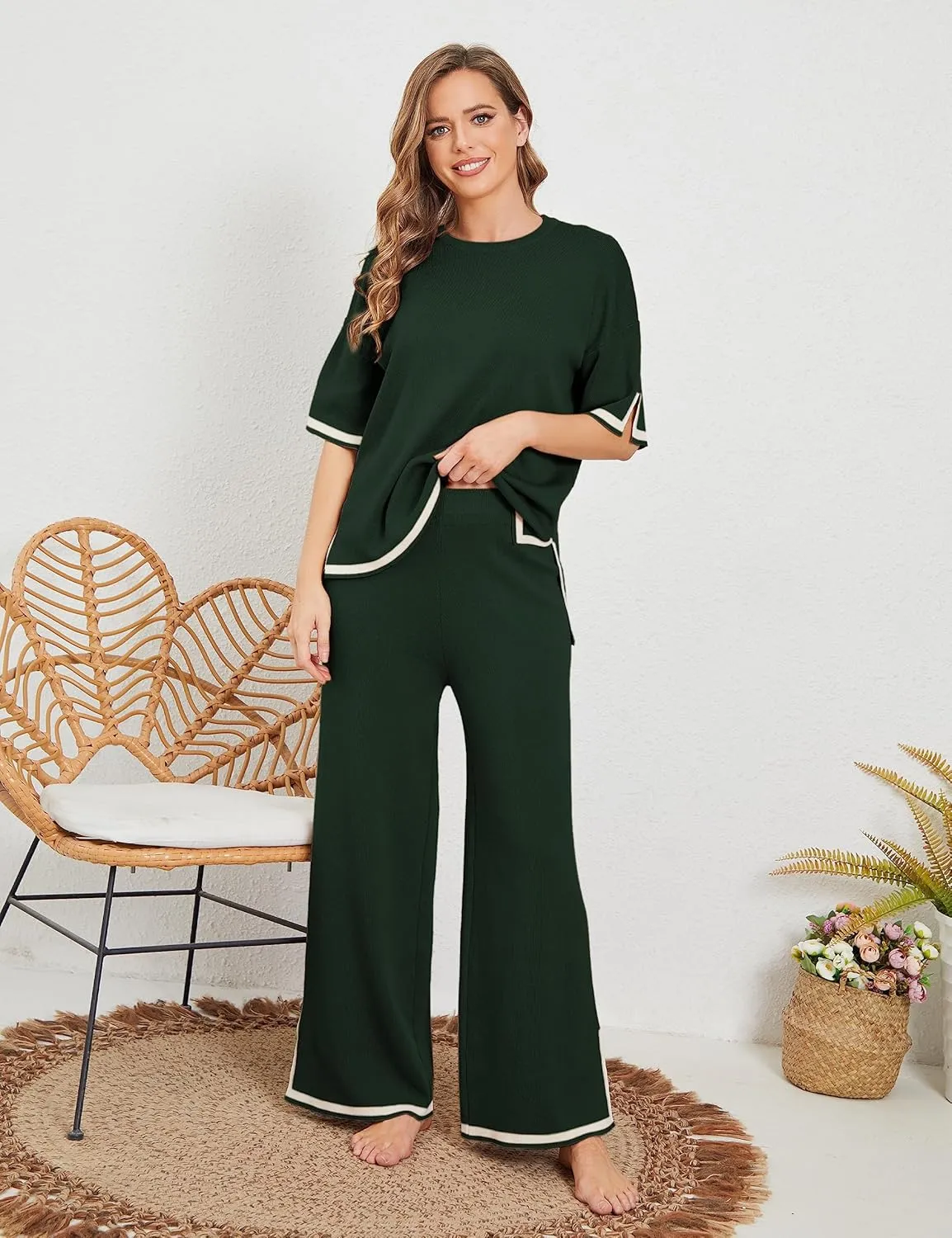 Tanming Sweater Sets Women 2 Piece Lounge Sets Short Sleeve Knit Pullover Tops Wide Leg Pants