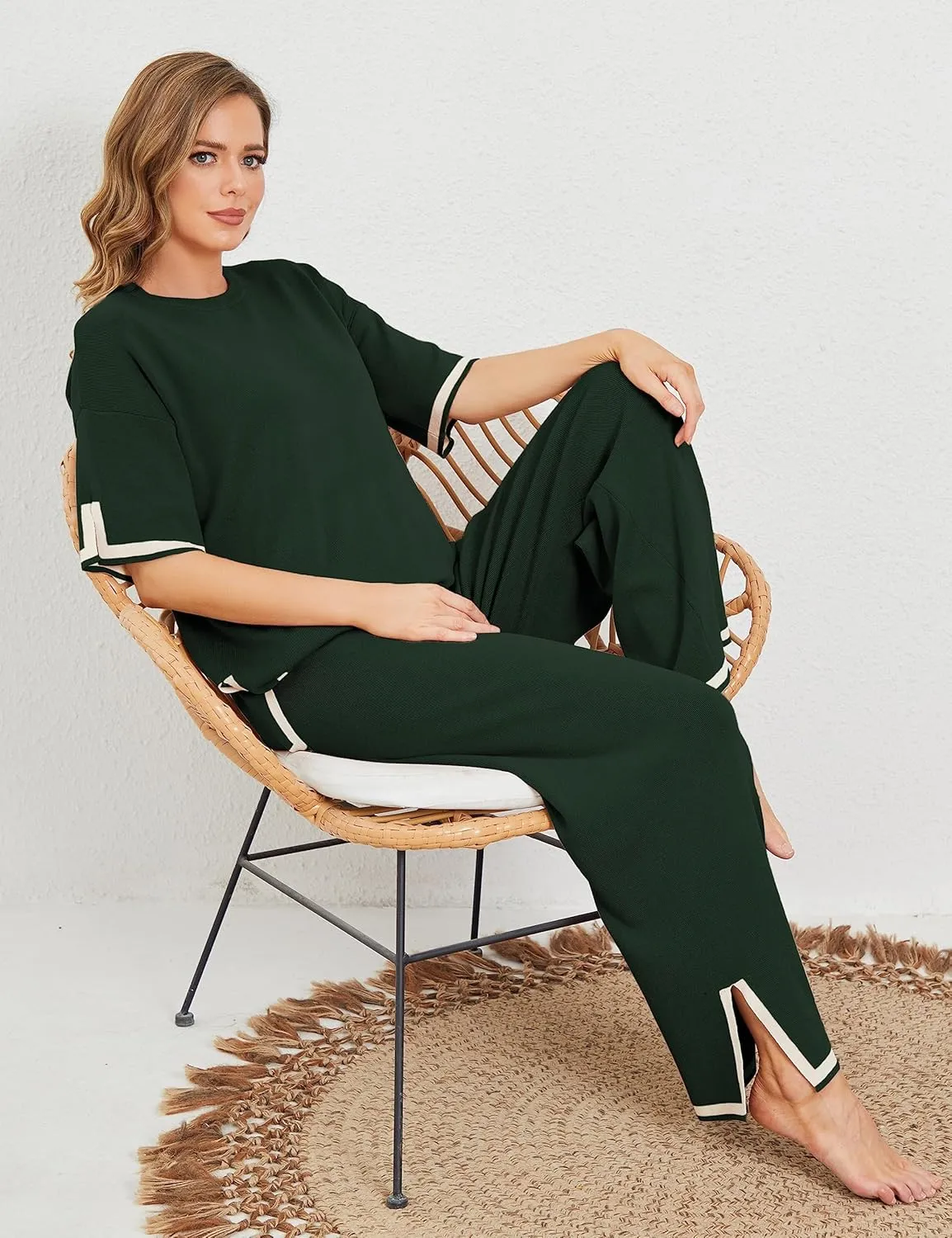 Tanming Sweater Sets Women 2 Piece Lounge Sets Short Sleeve Knit Pullover Tops Wide Leg Pants