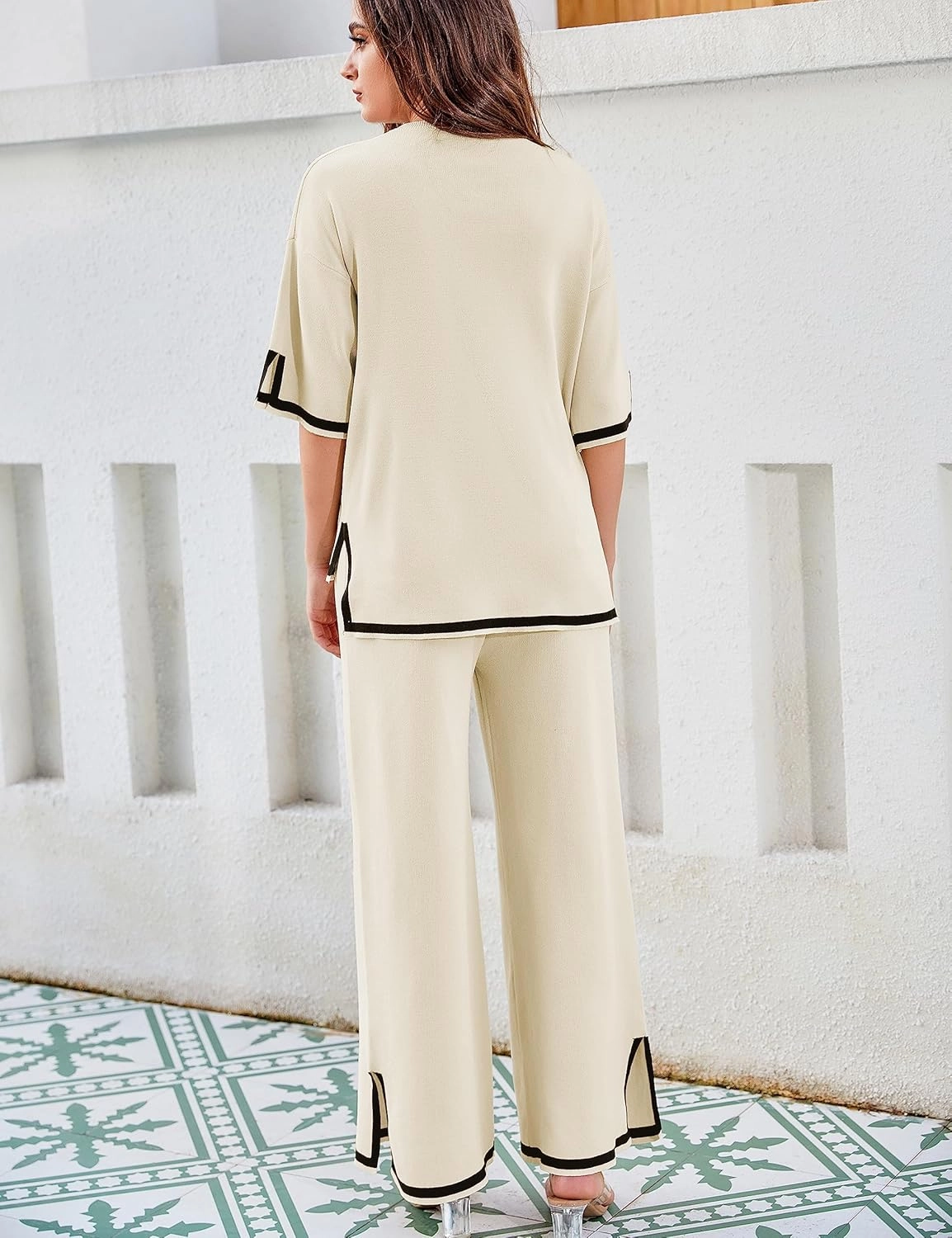 Tanming Sweater Sets Women 2 Piece Lounge Sets Short Sleeve Knit Pullover Tops Wide Leg Pants