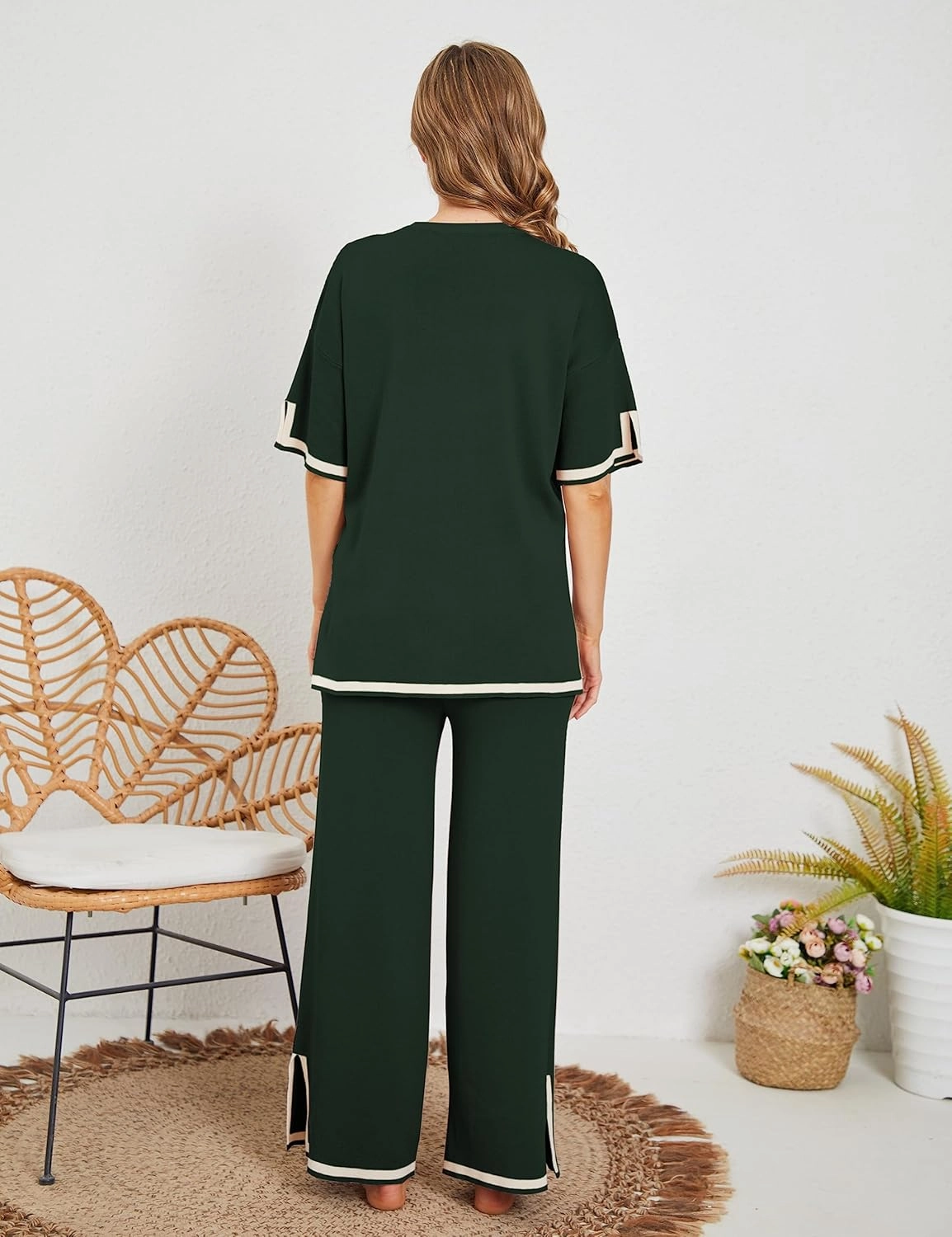 Tanming Sweater Sets Women 2 Piece Lounge Sets Short Sleeve Knit Pullover Tops Wide Leg Pants