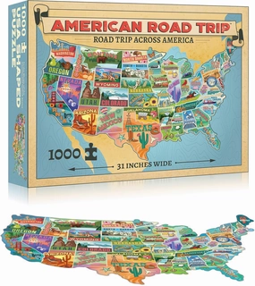 TDC Games USA - Shaped 1000 Piece Puzzle - Large Challenging Map with Roadtrip Art, Educational Game for Family Game Night, House Party & Travel