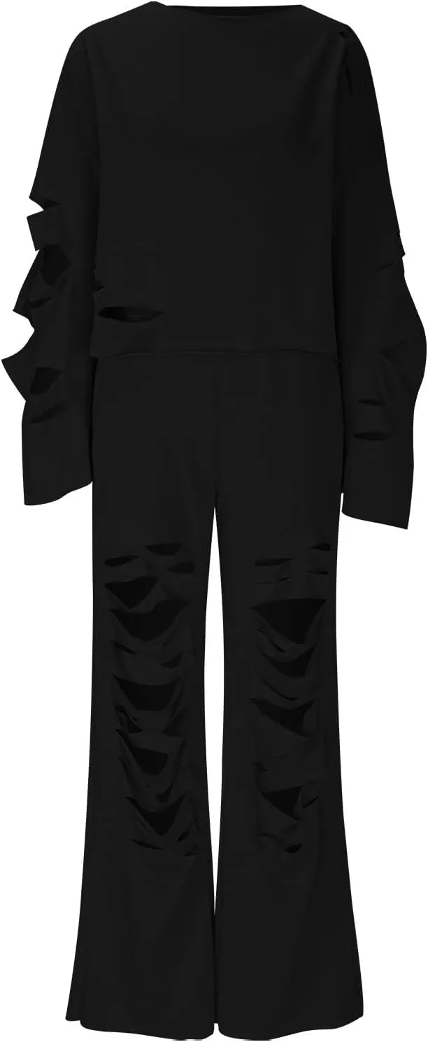 Tracksuit for Women Trendy Ripped 2 Piece Outfits Off Shoulder Pullover Tops and Wide Leg Pants Loose Lounge Sets