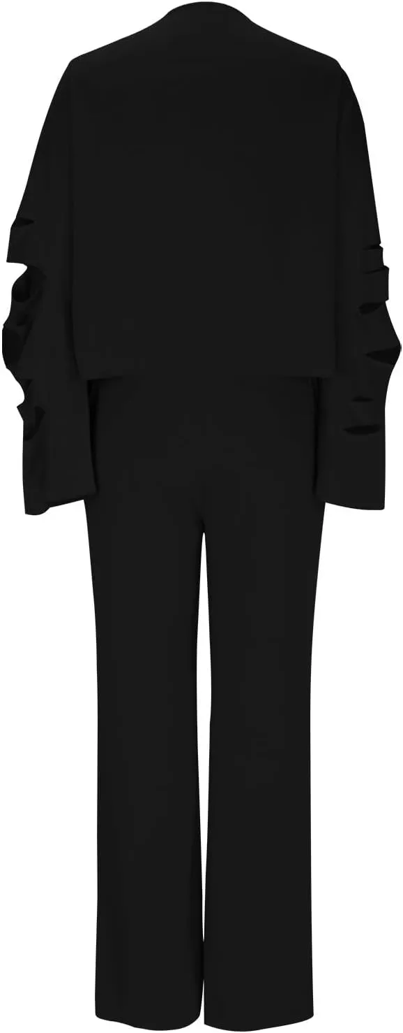 Tracksuit for Women Trendy Ripped 2 Piece Outfits Off Shoulder Pullover Tops and Wide Leg Pants Loose Lounge Sets