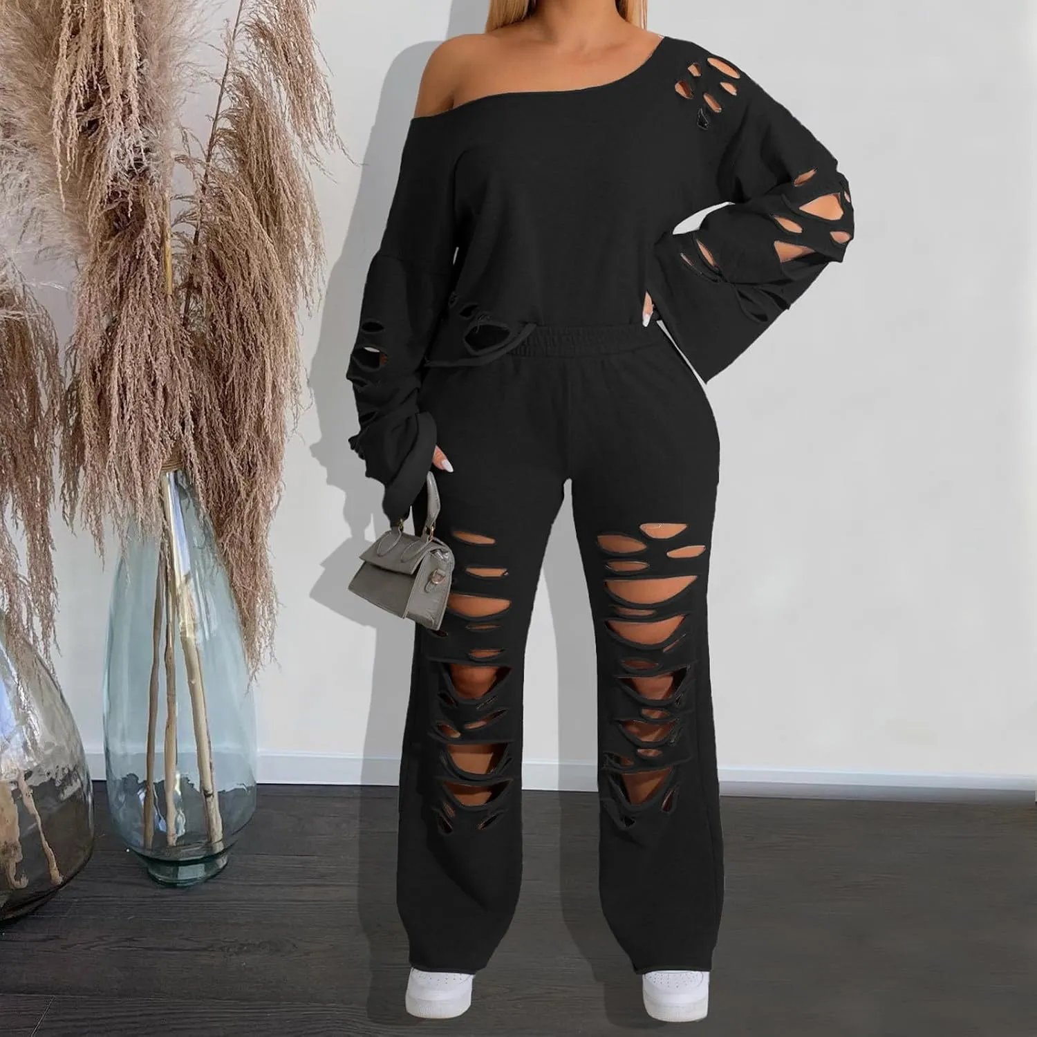 Tracksuit for Women Trendy Ripped 2 Piece Outfits Off Shoulder Pullover Tops and Wide Leg Pants Loose Lounge Sets