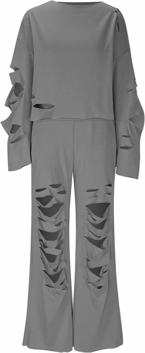 Tracksuit for Women Trendy Ripped 2 Piece Outfits Off Shoulder Pullover Tops and Wide Leg Pants Loose Lounge Sets