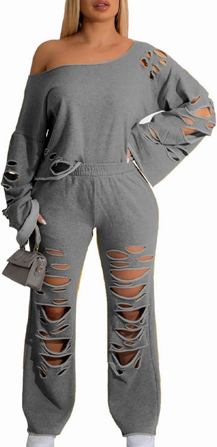 Tracksuit for Women Trendy Ripped 2 Piece Outfits Off Shoulder Pullover Tops and Wide Leg Pants Loose Lounge Sets