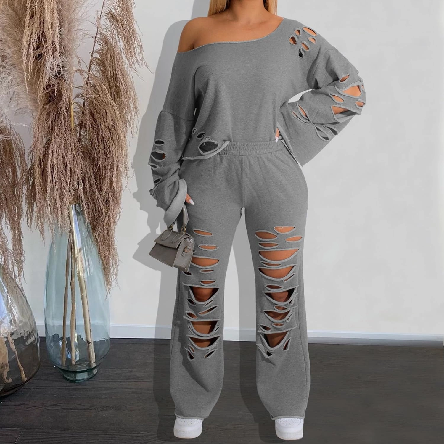 Tracksuit for Women Trendy Ripped 2 Piece Outfits Off Shoulder Pullover Tops and Wide Leg Pants Loose Lounge Sets