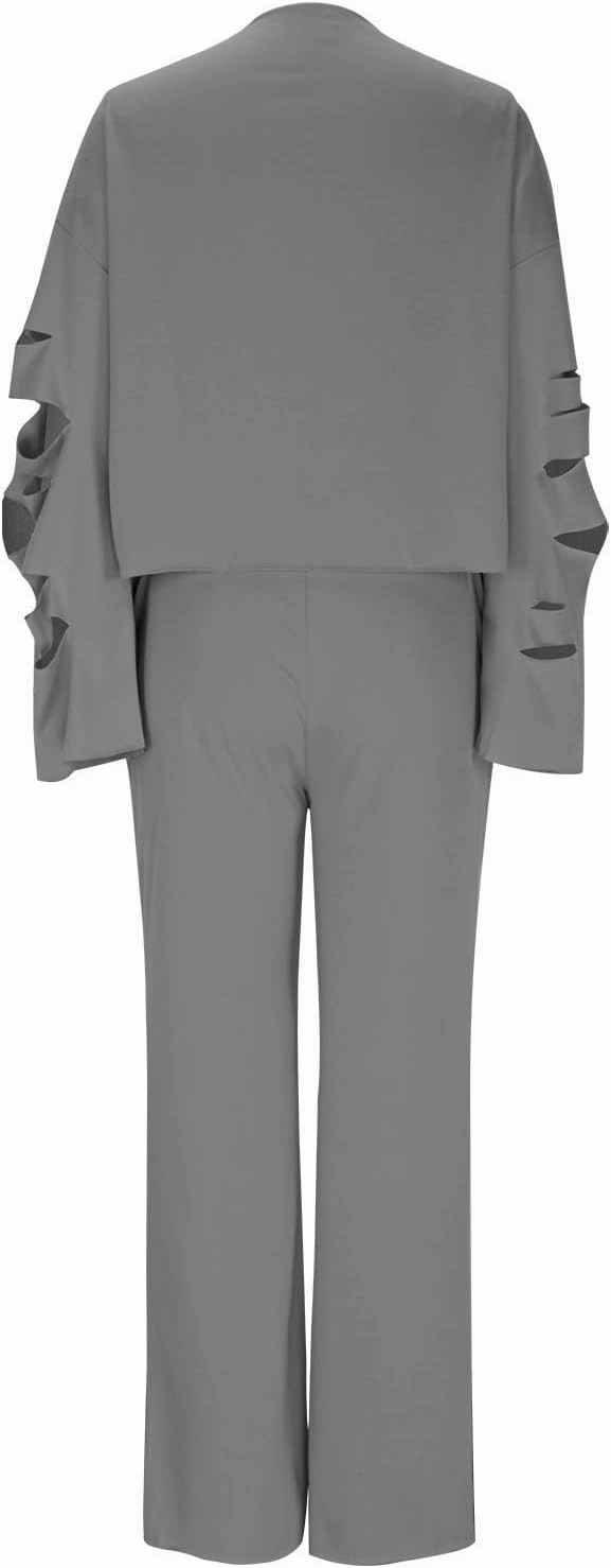 Tracksuit for Women Trendy Ripped 2 Piece Outfits Off Shoulder Pullover Tops and Wide Leg Pants Loose Lounge Sets