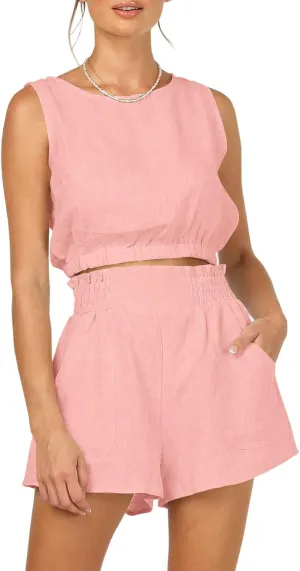 Trendy Queen Womens Summer 2 Piece Outfits Short Sets Matching Sleeveless Tank Top High Waisted Shorts with Pockets