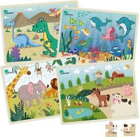TUNJILOOL 24Pcs Wooden Puzzles for Kids Ages 3-5, Jigsaw Puzzles for Toddlers, 4 Pack Puzzle Set Educational Brain Teaser Boards Toys Fine Motor Skills Gifts for 3 4 5 6 Year Old Boys Girls