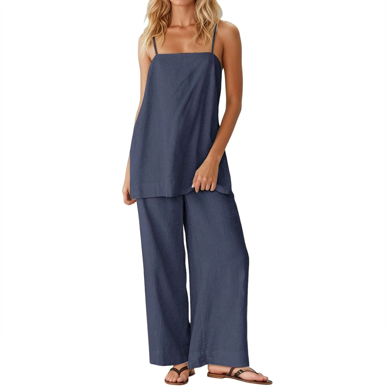 Two Piece Linen Sets for Women Travel Beach Vacation Outfit Spaghetti Strap Tank Top and Pants Matching Lounge Set