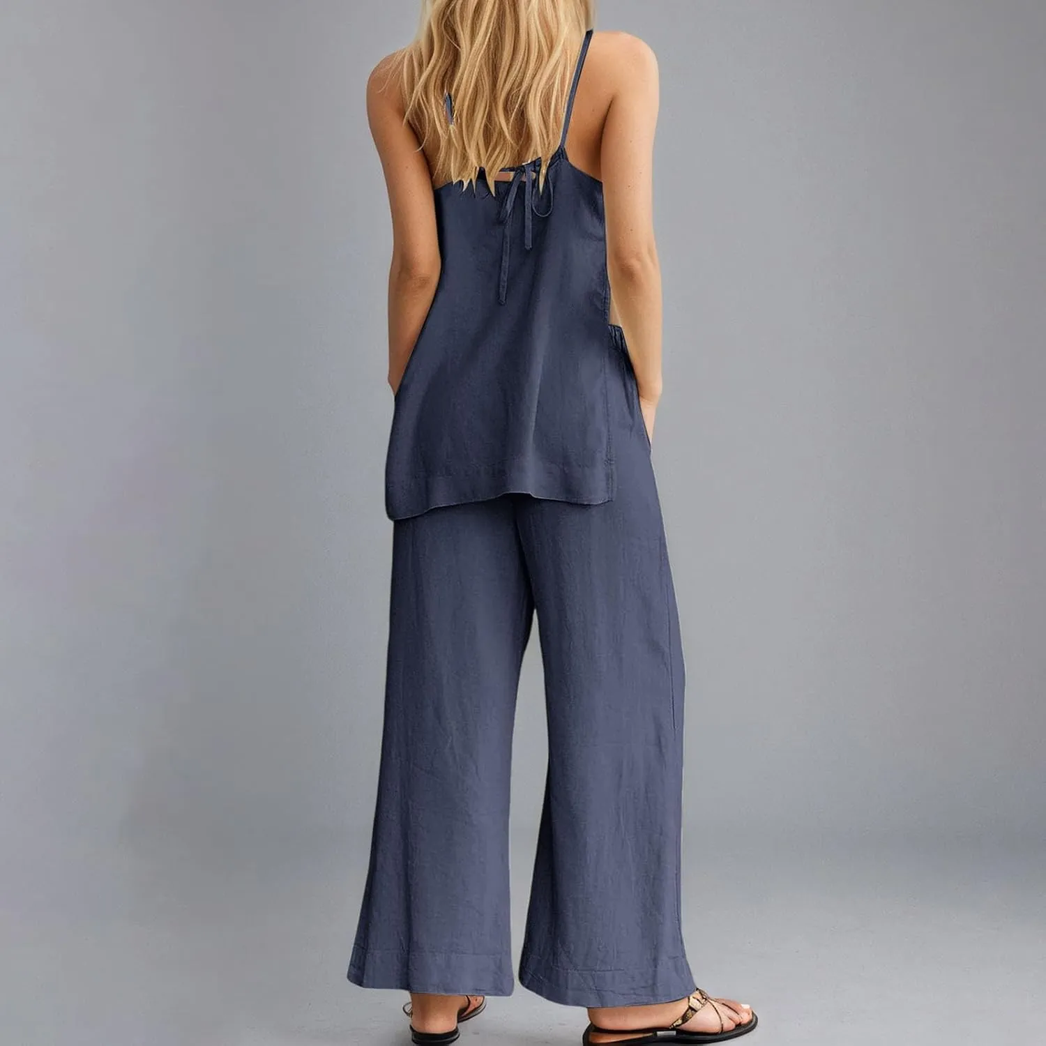 Two Piece Linen Sets for Women Travel Beach Vacation Outfit Spaghetti Strap Tank Top and Pants Matching Lounge Set