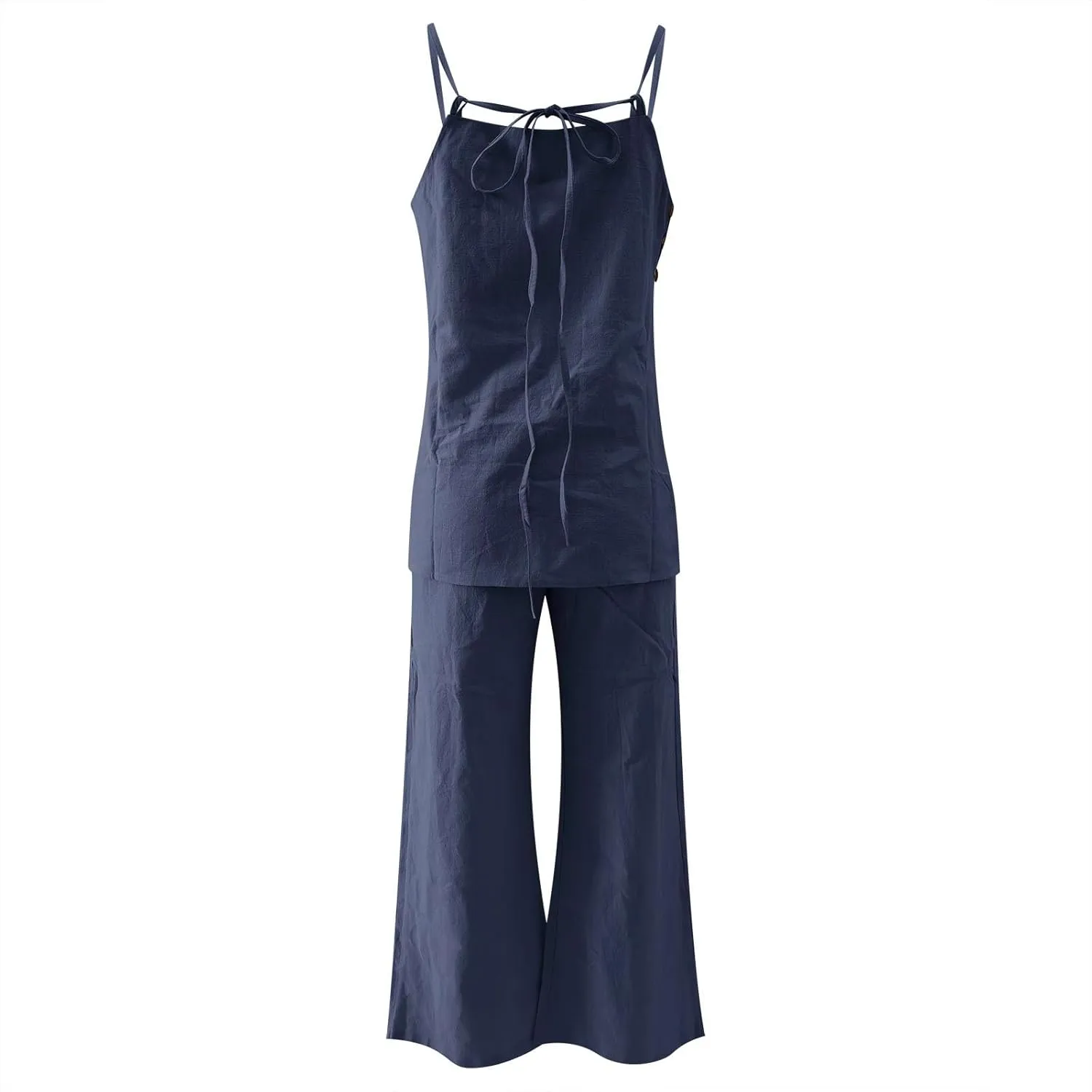 Two Piece Linen Sets for Women Travel Beach Vacation Outfit Spaghetti Strap Tank Top and Pants Matching Lounge Set