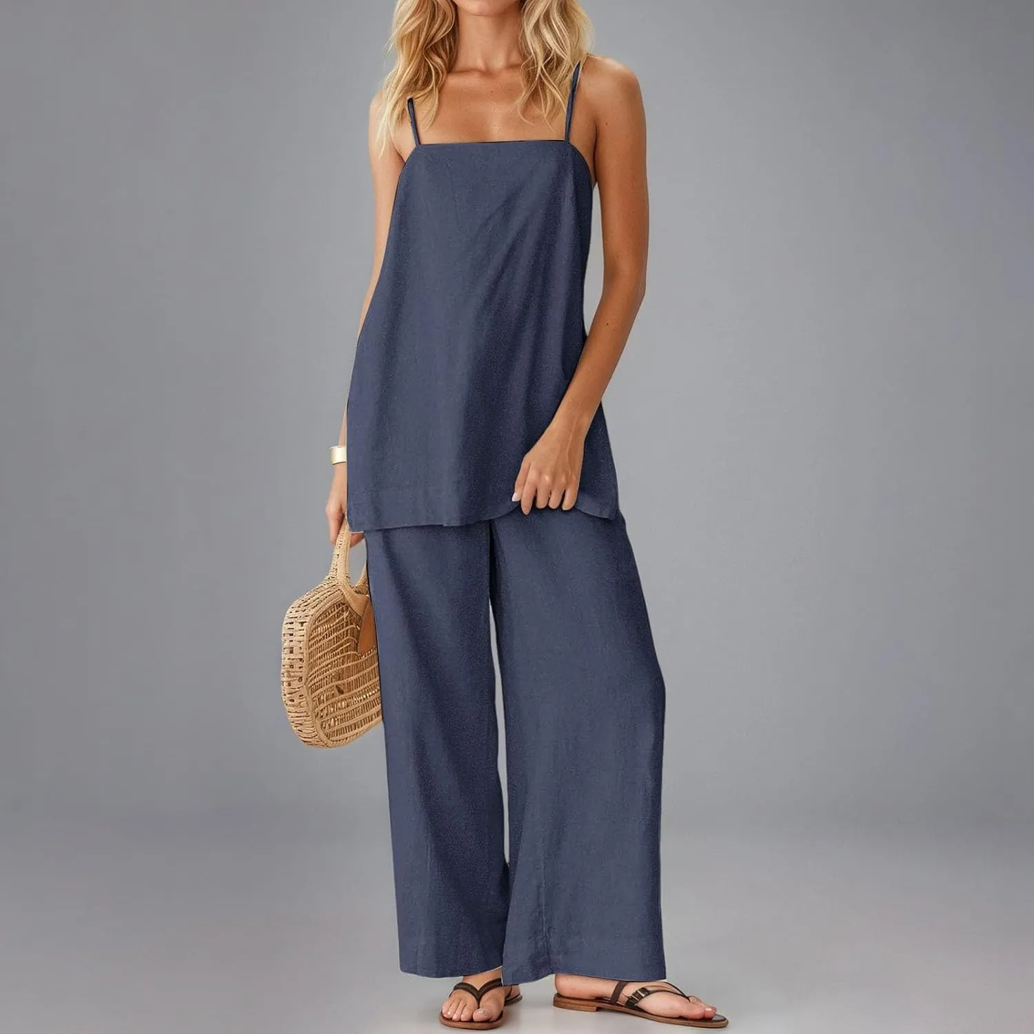 Two Piece Linen Sets for Women Travel Beach Vacation Outfit Spaghetti Strap Tank Top and Pants Matching Lounge Set