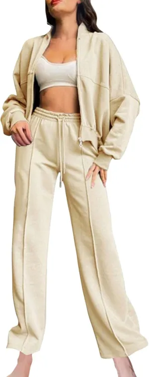 Two Piece Sets for Women Going Out Solid Zipper Sweatsuits Casual Straight Leg Pants Set 2 Piece Travel Outfits