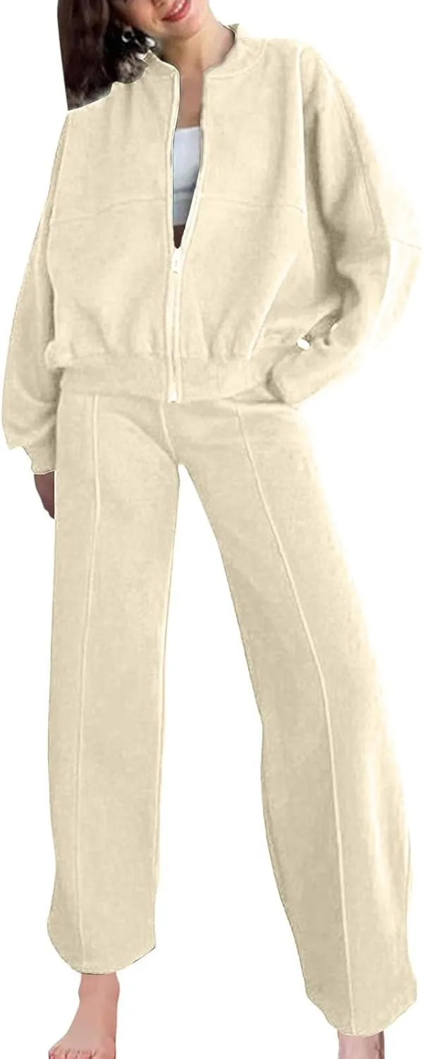 Two Piece Sets for Women Going Out Solid Zipper Sweatsuits Casual Straight Leg Pants Set 2 Piece Travel Outfits