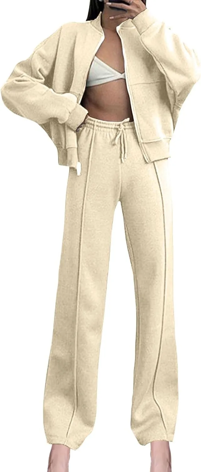 Two Piece Sets for Women Going Out Solid Zipper Sweatsuits Casual Straight Leg Pants Set 2 Piece Travel Outfits