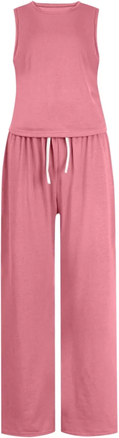 Two Piece Sets for Women Summer Outfits Lounge Set Round Neck Crop Tank Tops Wide Leg Pants Vacation Travel Outfits