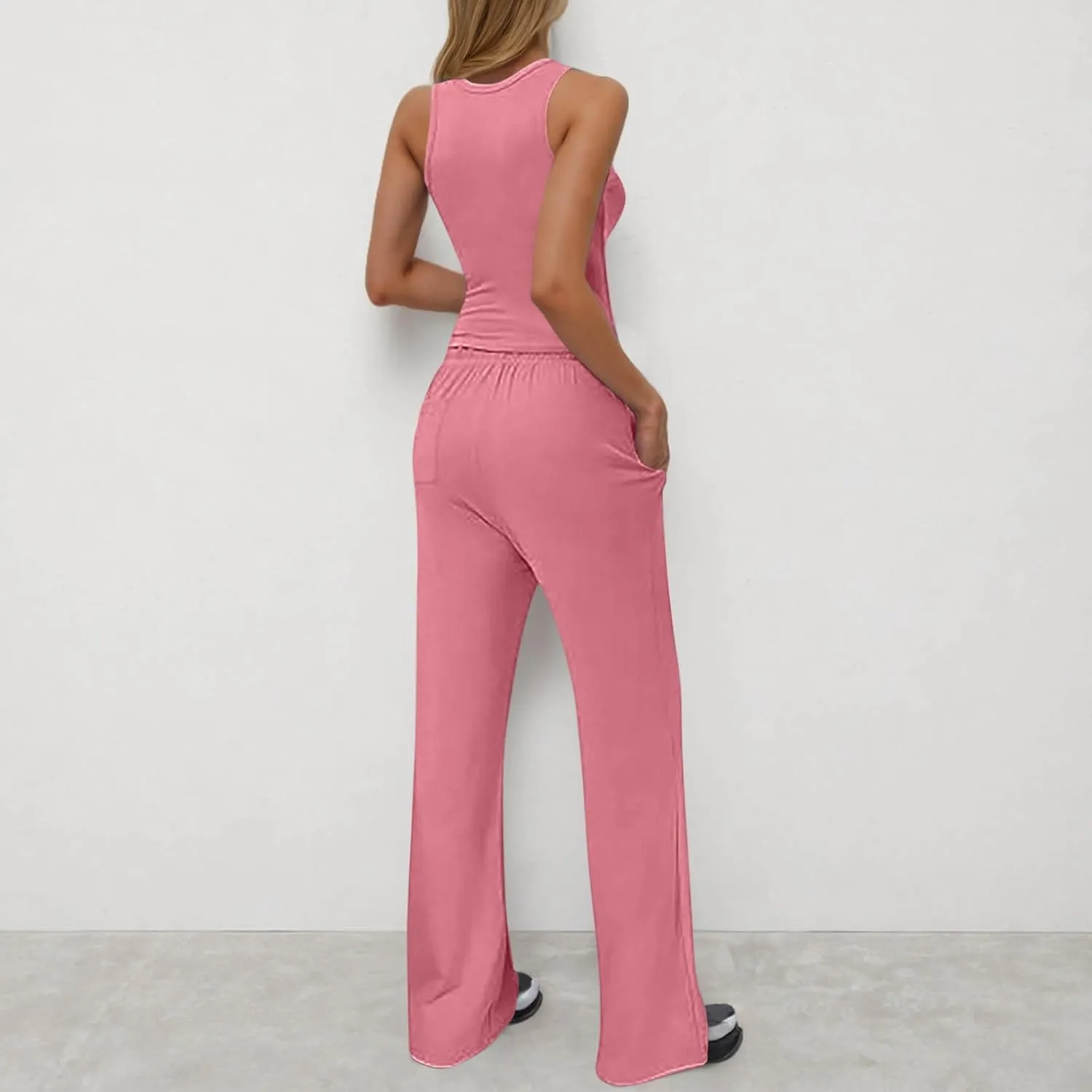 Two Piece Sets for Women Summer Outfits Lounge Set Round Neck Crop Tank Tops Wide Leg Pants Vacation Travel Outfits