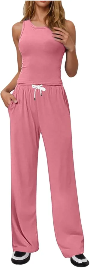 Two Piece Sets for Women Summer Outfits Lounge Set Round Neck Crop Tank Tops Wide Leg Pants Vacation Travel Outfits