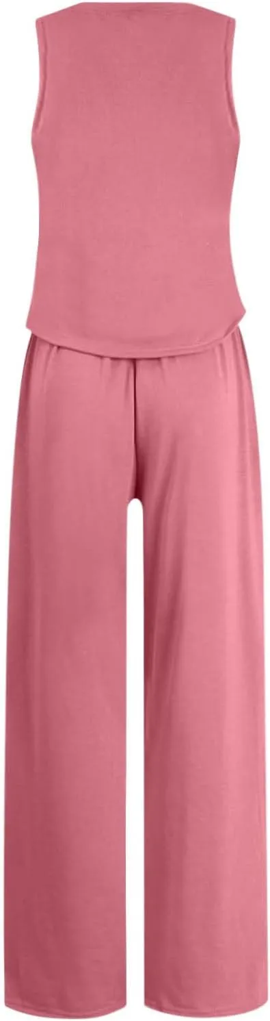 Two Piece Sets for Women Summer Outfits Lounge Set Round Neck Crop Tank Tops Wide Leg Pants Vacation Travel Outfits