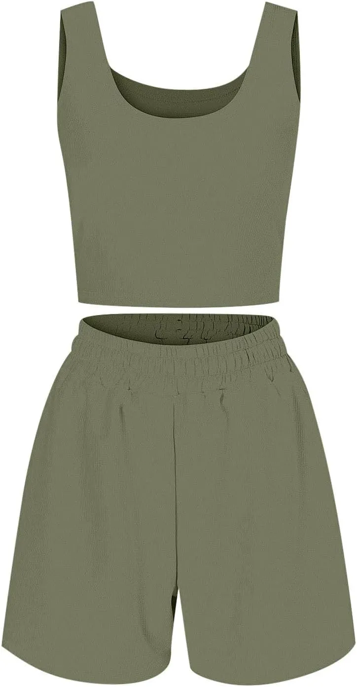 Two Piece Sets for Women Summer Ribbed Cropped Vest Tops and Elastic Waist Shorts Sets Casual Matching Activewear