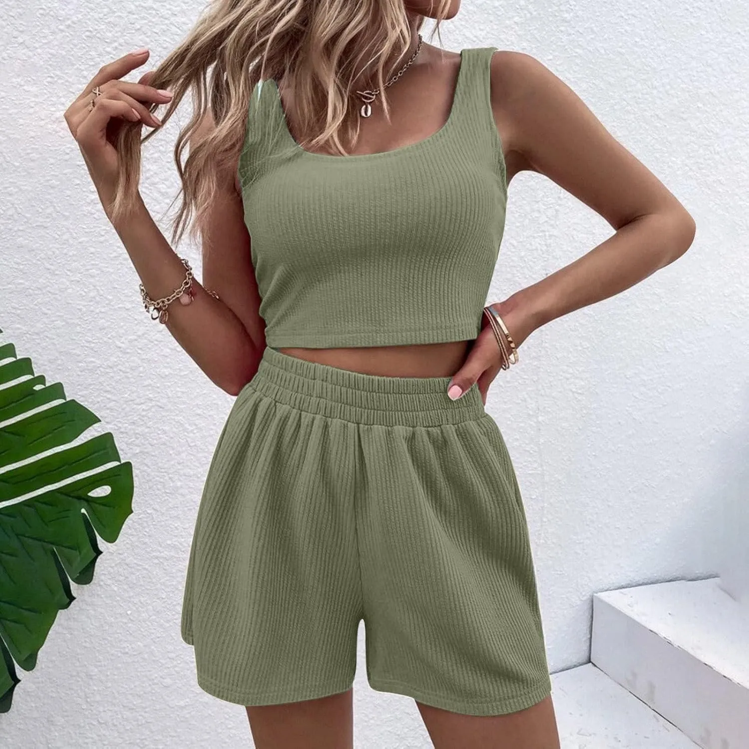 Two Piece Sets for Women Summer Ribbed Cropped Vest Tops and Elastic Waist Shorts Sets Casual Matching Activewear