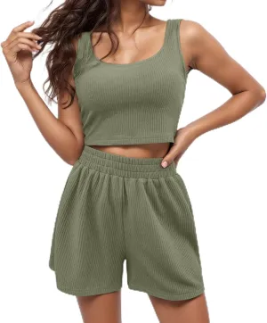 Two Piece Sets for Women Summer Ribbed Cropped Vest Tops and Elastic Waist Shorts Sets Casual Matching Activewear