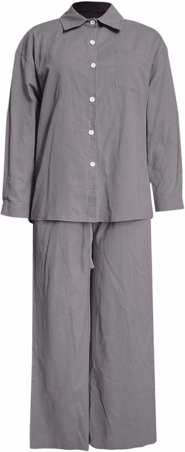 Two Piece Linen Sets for Women Short Sleeve Summer Tops Wide Leg Pants Casual Matching Tracksuits Travel Outfits