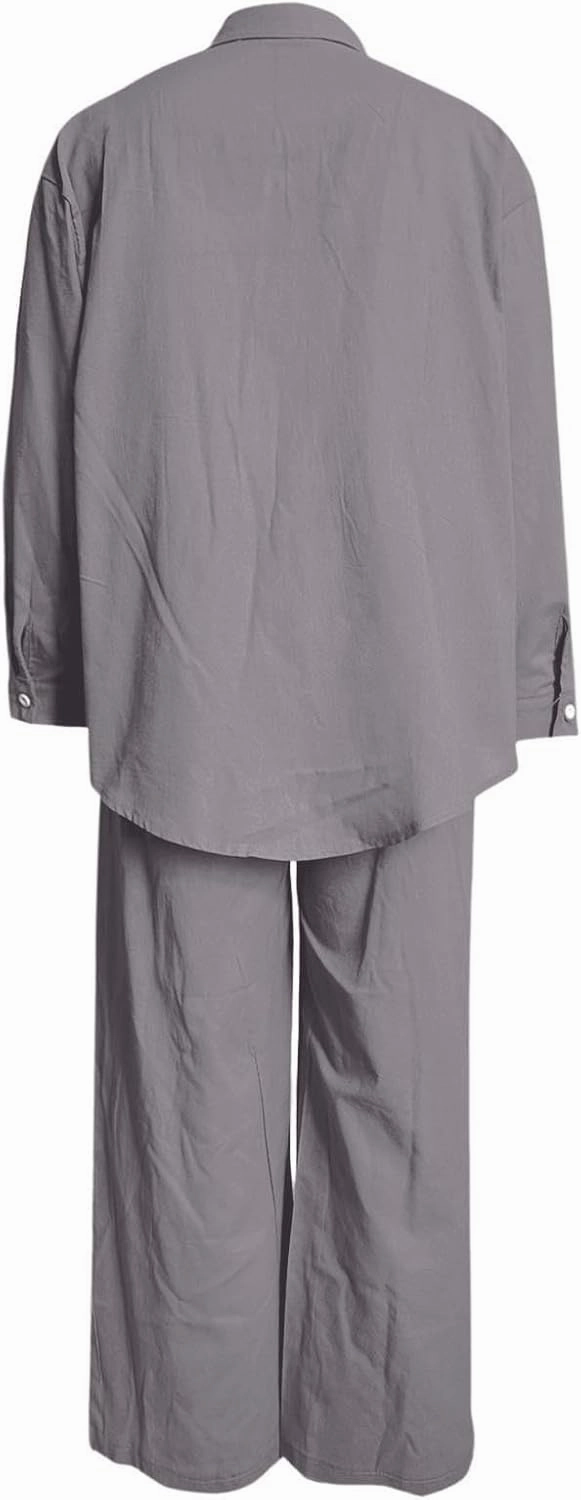 Two Piece Linen Sets for Women Short Sleeve Summer Tops Wide Leg Pants Casual Matching Tracksuits Travel Outfits