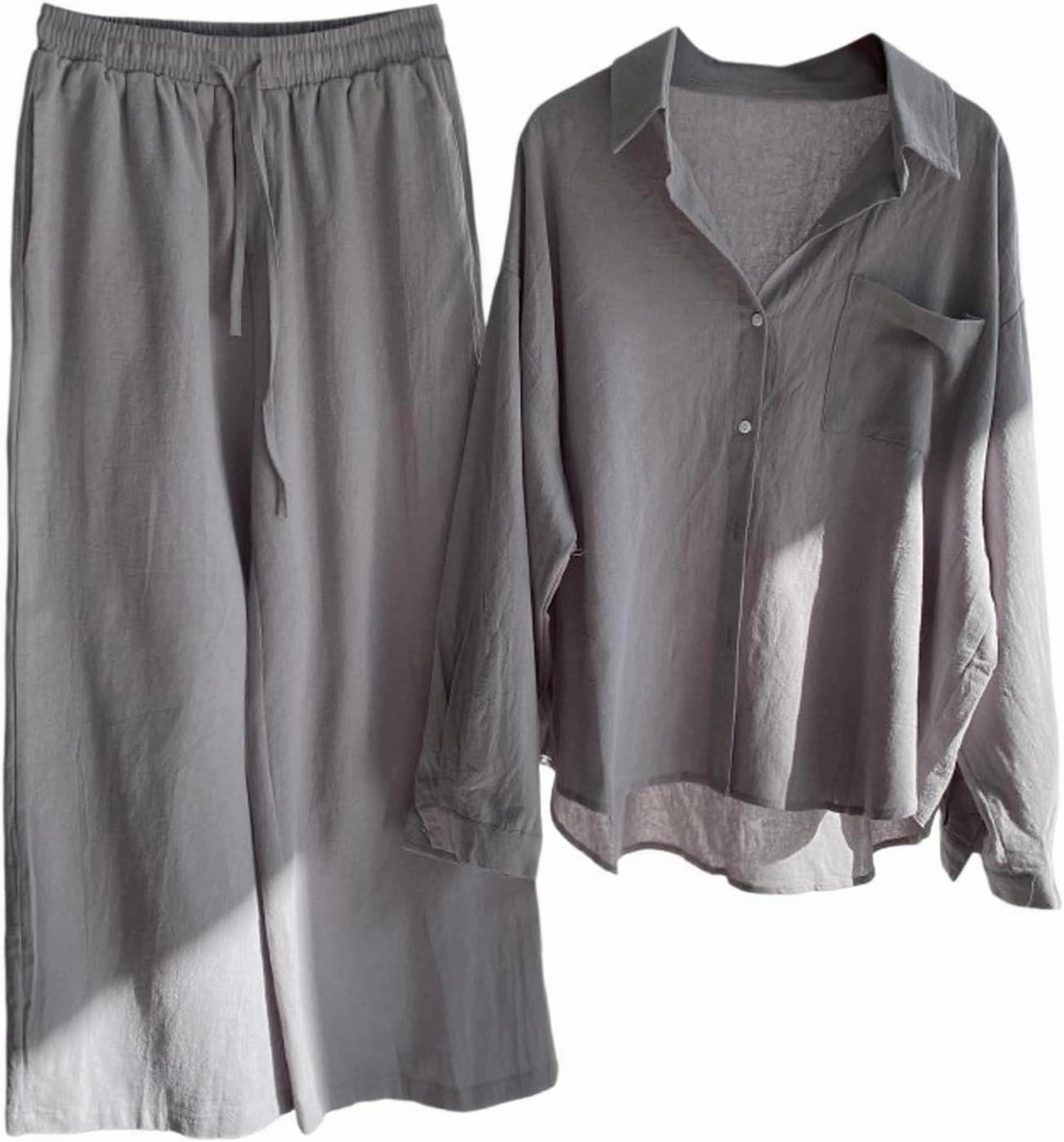 Two Piece Linen Sets for Women Short Sleeve Summer Tops Wide Leg Pants Casual Matching Tracksuits Travel Outfits