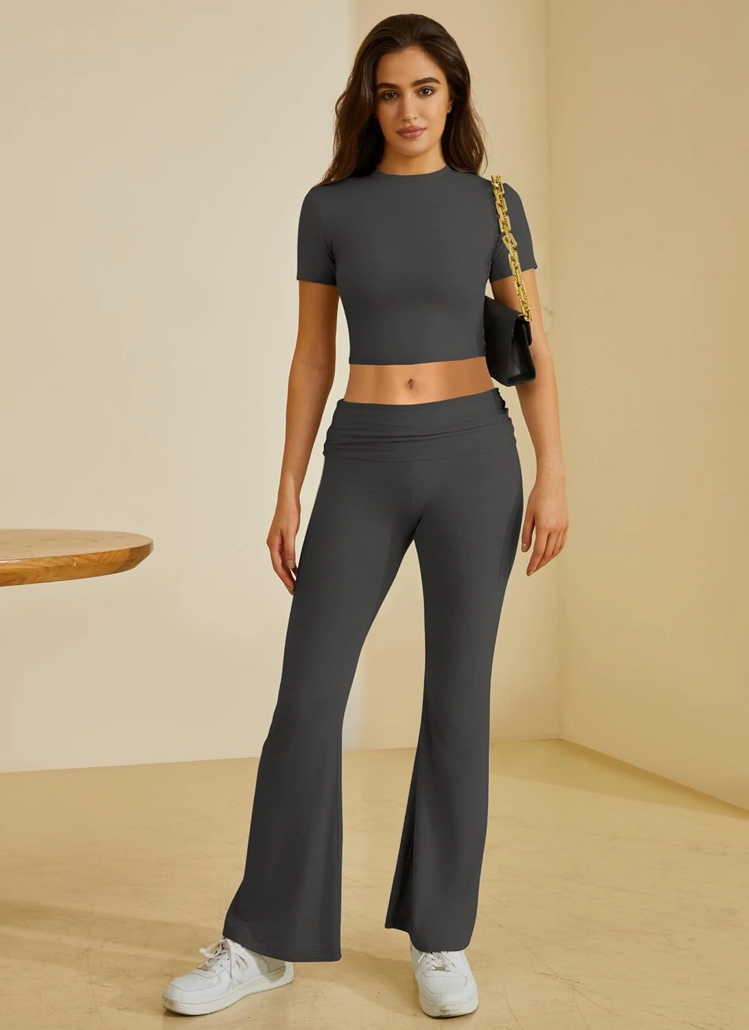 Two Piece Lounge Sets for Women Fold Over Flare Pants Short Sleeve Crop Top Y2k Outfits Matching Set Tracksuit