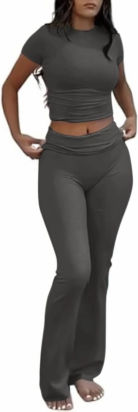 Two Piece Lounge Sets for Women Fold Over Flare Pants Short Sleeve Crop Top Y2k Outfits Matching Set Tracksuit