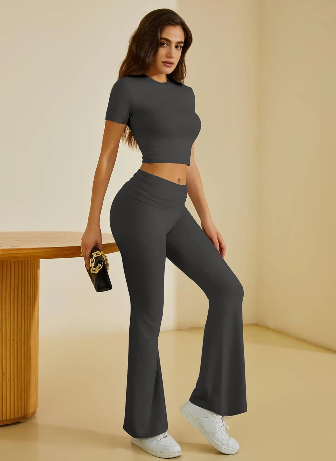 Two Piece Lounge Sets for Women Fold Over Flare Pants Short Sleeve Crop Top Y2k Outfits Matching Set Tracksuit