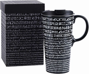 TZSSP Coffee Ceramic Mug Travel Mug Porcelain Latte Tea Cup With Lid 17oz. Rosetta Stone,Black