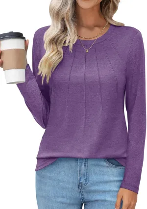 UEU Womens Long Sleeve Tops Crew Neck Casual Pleated Shirts Fashion Dressy Tunic Blouses 2025 Trendy Fall Clothes