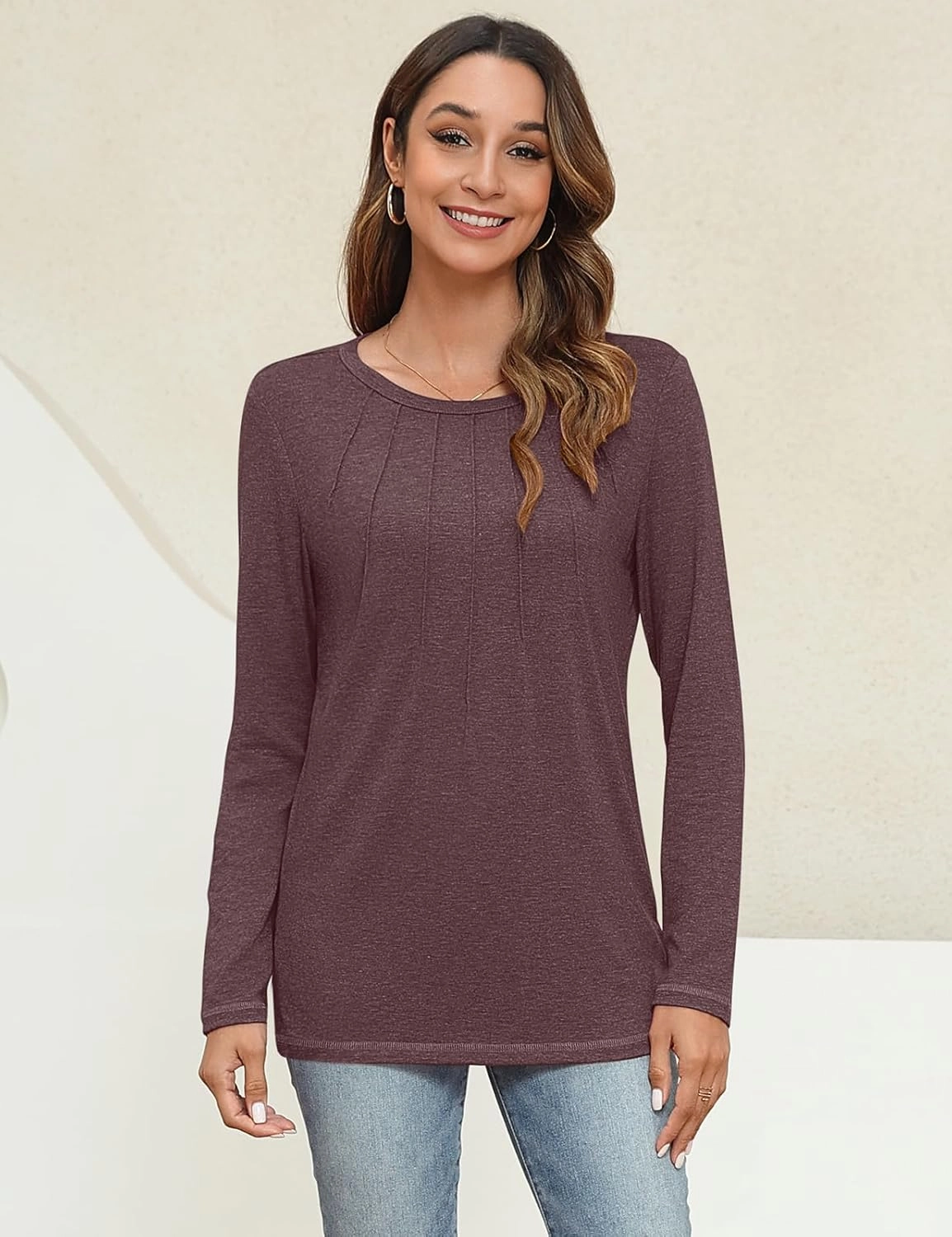 UEU Womens Long Sleeve Tops Crew Neck Casual Pleated Shirts Fashion Dressy Tunic Blouses 2025 Trendy Fall Clothes