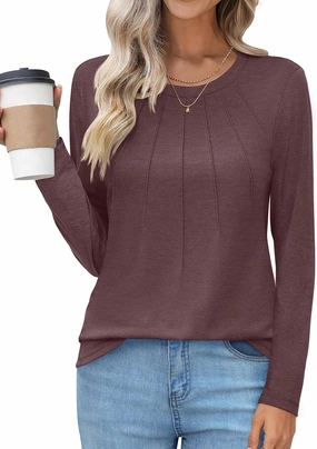 UEU Womens Long Sleeve Tops Crew Neck Casual Pleated Shirts Fashion Dressy Tunic Blouses 2025 Trendy Fall Clothes