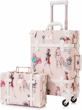 Unitravel 2 Piece Vintage Luggage Set, 20" Women Carry On Suitcase Set with TSA Lock, Faux Leather Retro Spinner Trunk with 12" Train Case