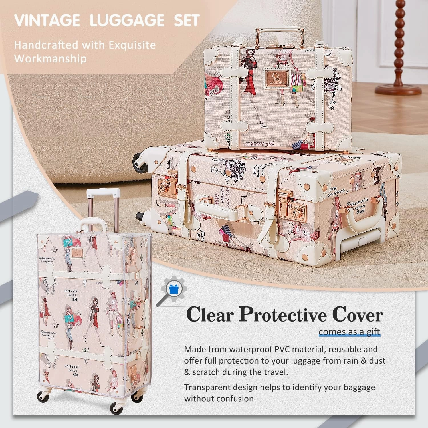 Unitravel 2 Piece Vintage Luggage Set, 20" Women Carry On Suitcase Set with TSA Lock, Faux Leather Retro Spinner Trunk with 12" Train Case