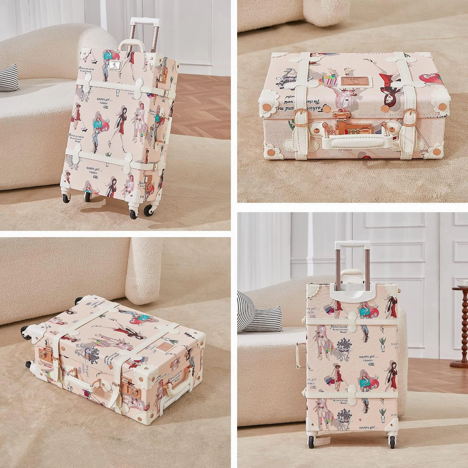 Unitravel 2 Piece Vintage Luggage Set, 20" Women Carry On Suitcase Set with TSA Lock, Faux Leather Retro Spinner Trunk with 12" Train Case
