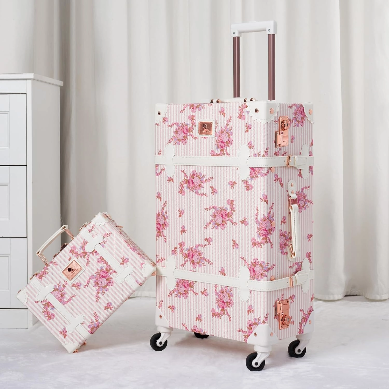 Unitravel 2 Piece Vintage Suitcase Set, 26" Women Cute Travel Luggage with 12" Train Case, Hardside Faux Leather Spinner Trunk with TSA Lock (Pink Floral)