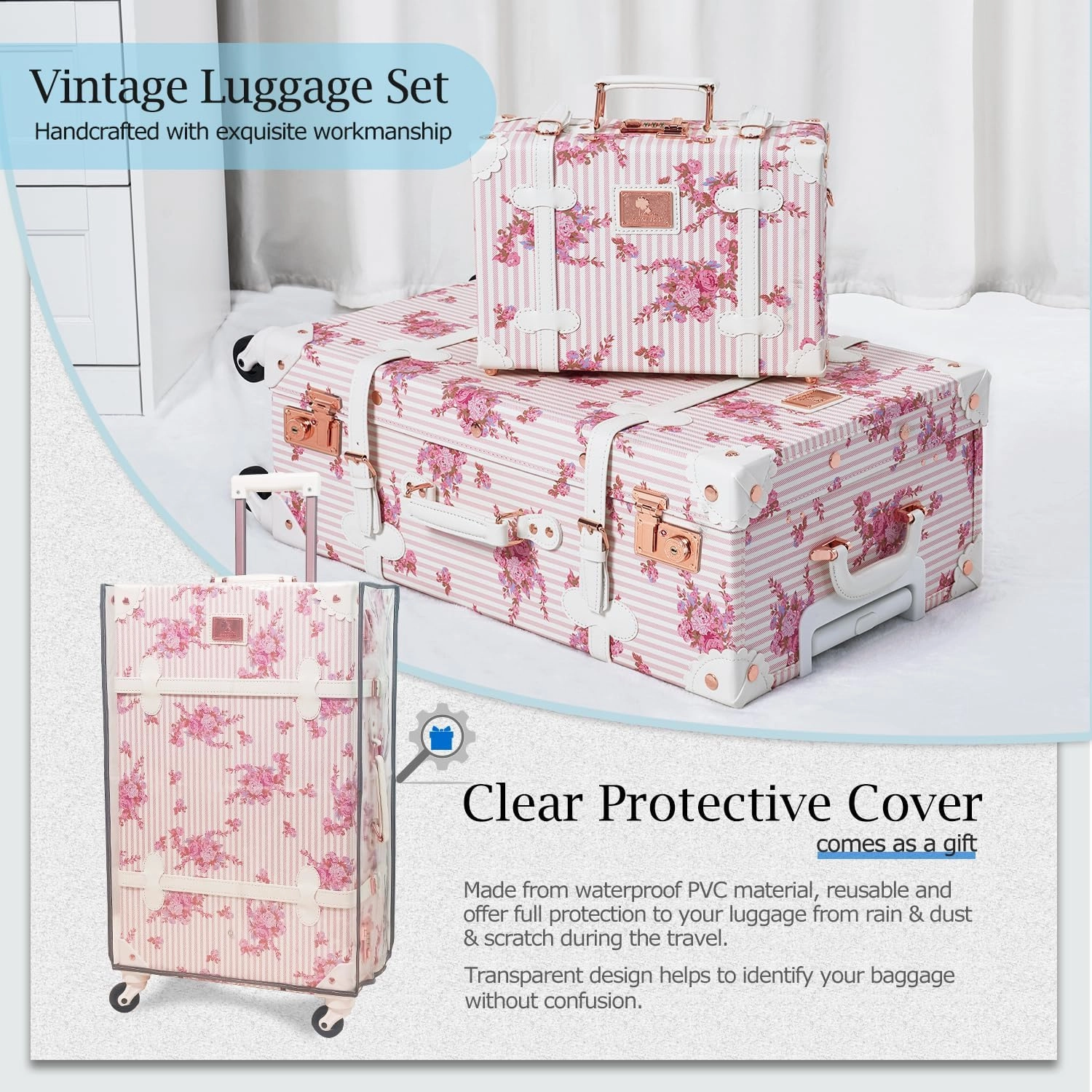 Unitravel 2 Piece Vintage Suitcase Set, 26" Women Cute Travel Luggage with 12" Train Case, Hardside Faux Leather Spinner Trunk with TSA Lock (Pink Floral)