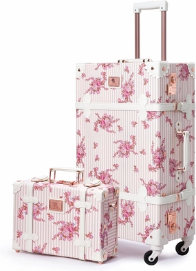 Unitravel 2 Piece Vintage Suitcase Set, 26" Women Cute Travel Luggage with 12" Train Case, Hardside Faux Leather Spinner Trunk with TSA Lock (Pink Floral)