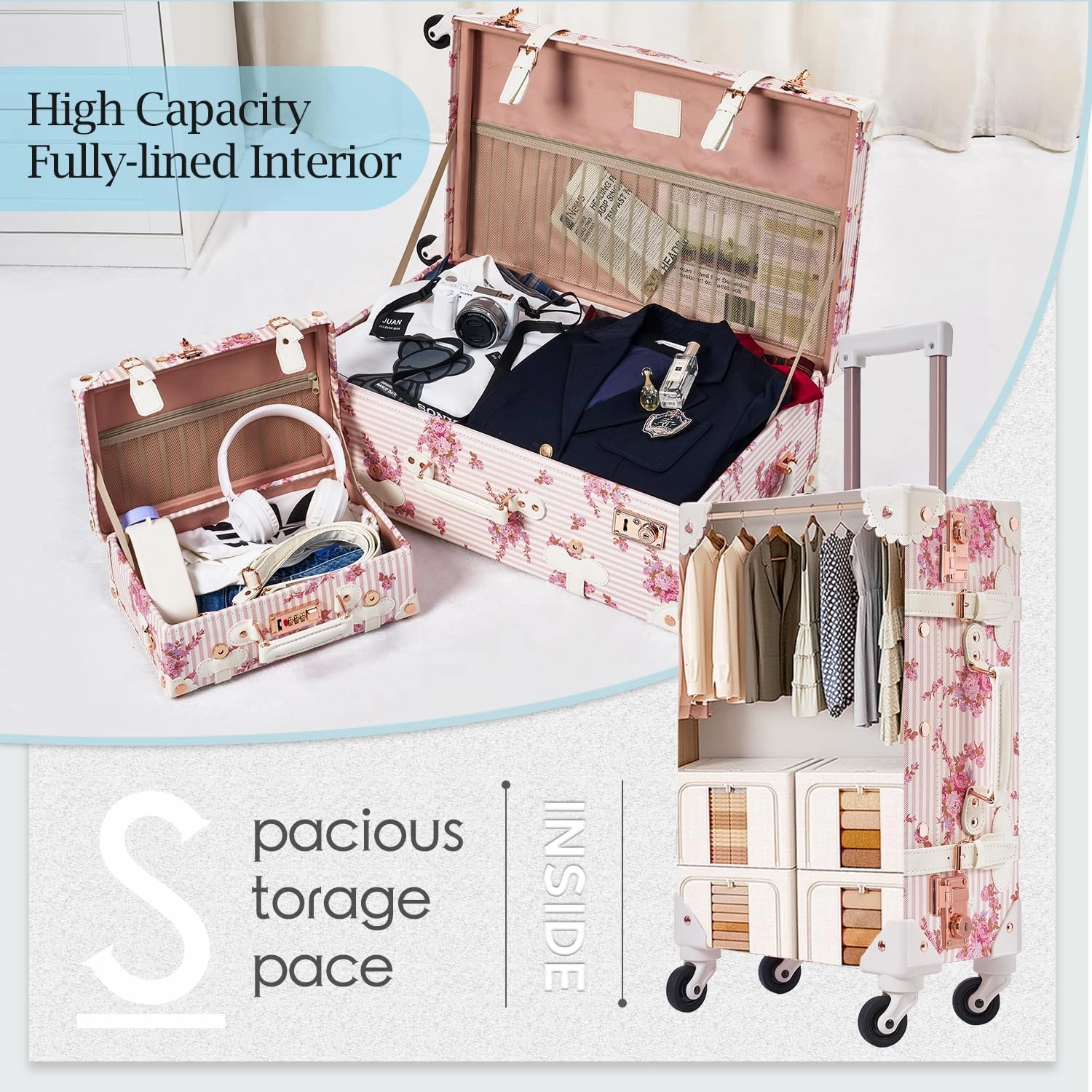 Unitravel 2 Piece Vintage Suitcase Set, 26" Women Cute Travel Luggage with 12" Train Case, Hardside Faux Leather Spinner Trunk with TSA Lock (Pink Floral)