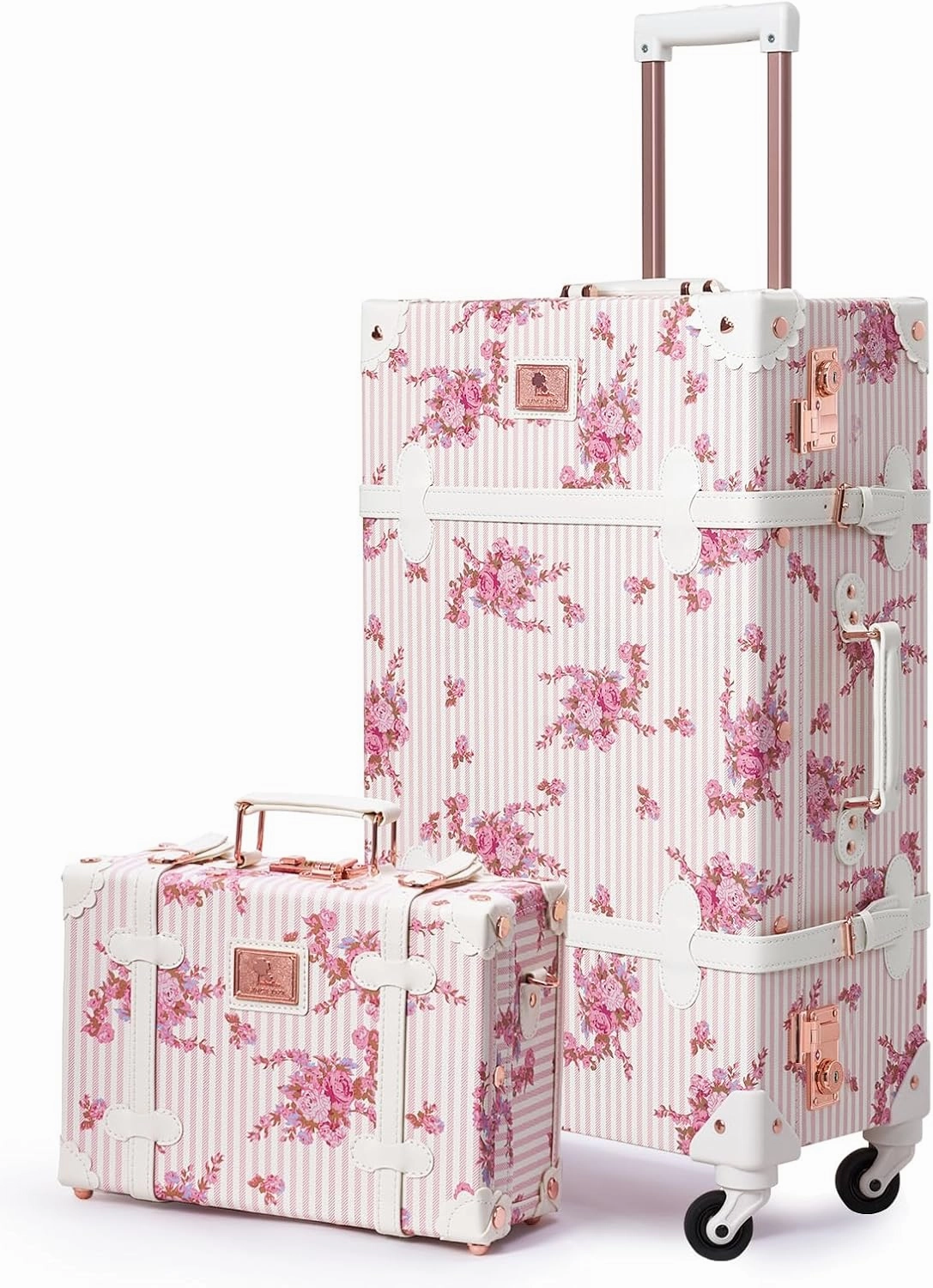 Unitravel 2 Piece Vintage Suitcase Set, 26" Women Cute Travel Luggage with 12" Train Case, Hardside Faux Leather Spinner Trunk with TSA Lock (Pink Floral)