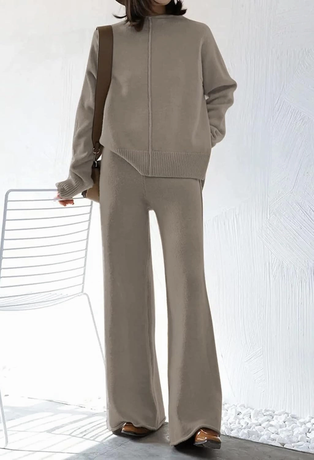 VamJump Women's 2 Piece Outfits Lounge Sets Long Sleeve High Neck Sweater Pullover Top Wide Leg Pants Sweatsuit Sets