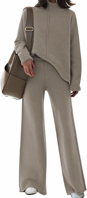 VamJump Women's 2 Piece Outfits Lounge Sets Long Sleeve High Neck Sweater Pullover Top Wide Leg Pants Sweatsuit Sets