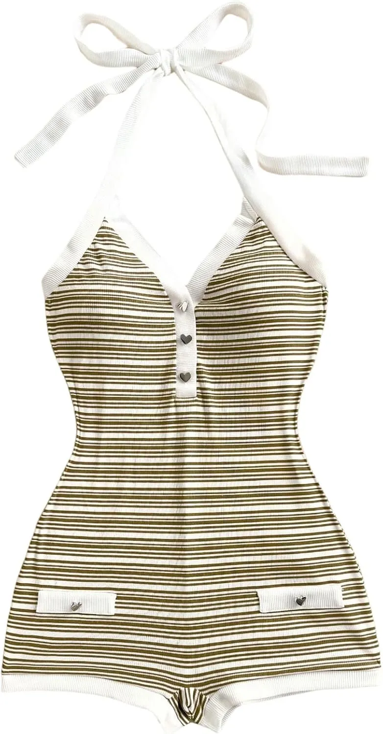 Verdusa Women's Striped Halter One Piece Summer Shorts Romper Button Up Bodycon Jumpsuit